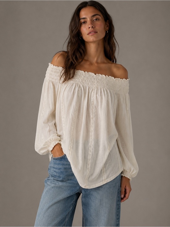 Ralph Lauren Tops - Lauren Ralph Lauren Off Shoulder Top L Cream Smocked Embroidered Boho Cotton